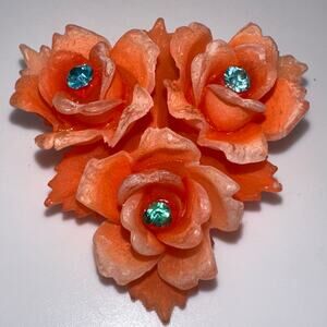 Made in Germany neon orange celluloid roses floral teal rhinestones brooch